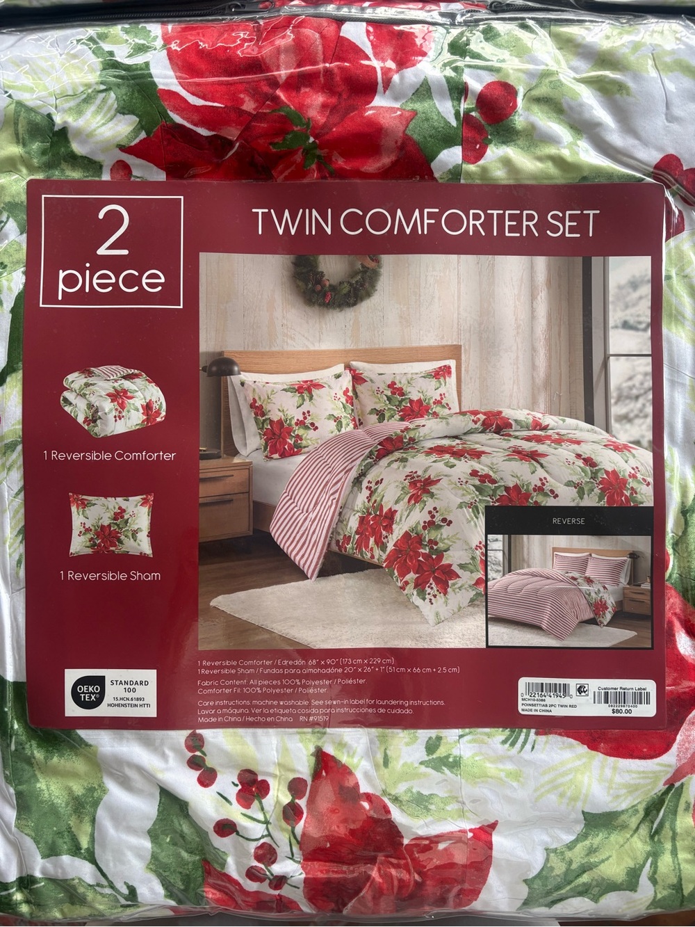 Twin Comforter 2 piece Set 1 sham 1 comforter - Red Poinsettia Reversible Design